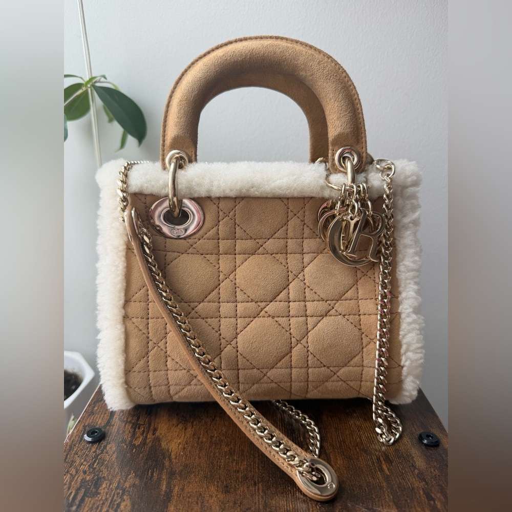 Christian Dior Lady Dior Mini Shearling Cannage Suede Bag Ecru w/ Gold Hardware - Picture 4 of 16